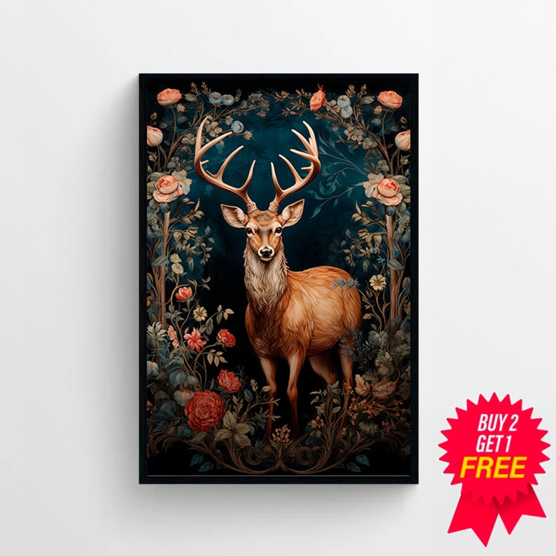 Majestic Stag with Antlers in a Dark Vintage Floral Garden Poster - Image 4