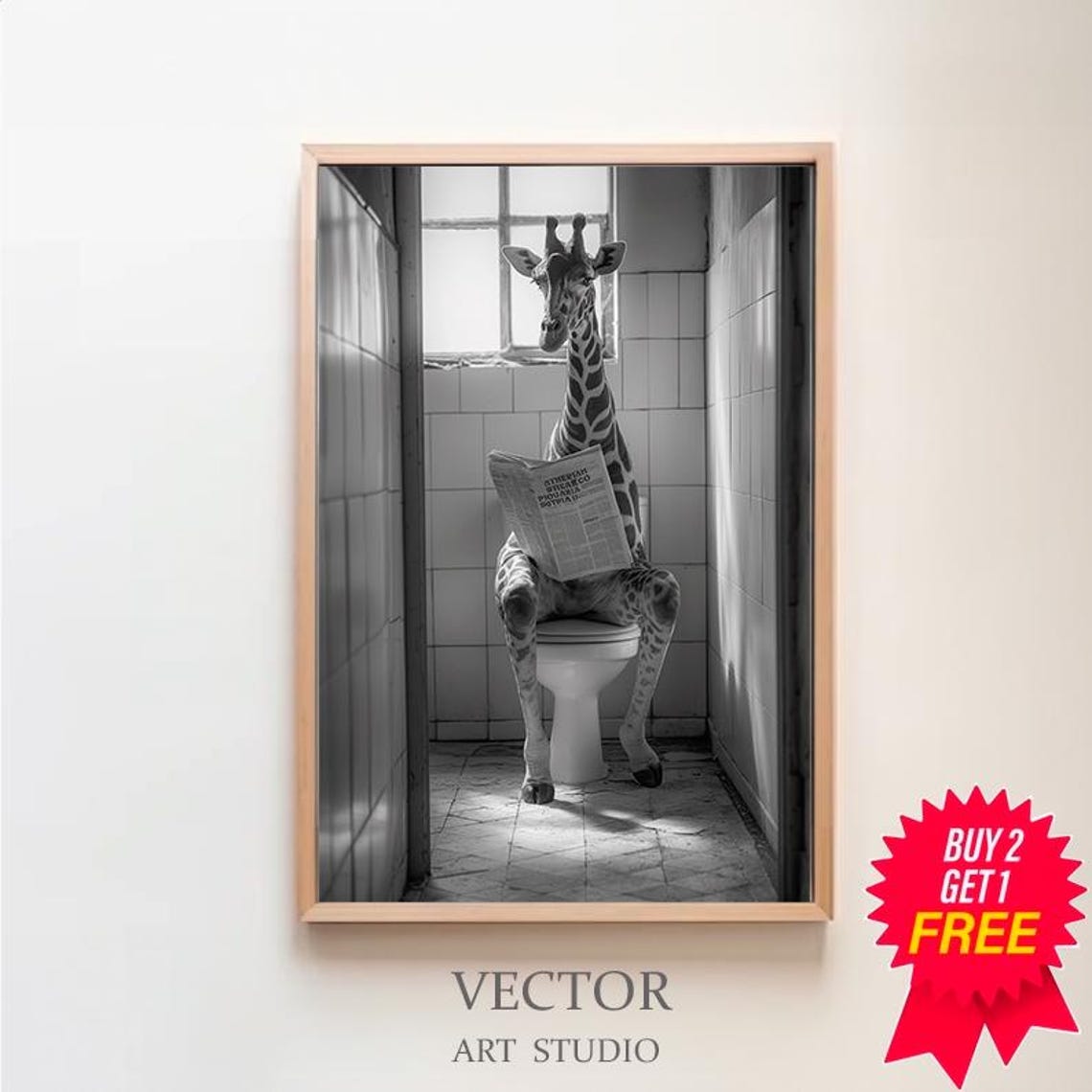 Giraffe Reading The Newspaper On The Toilet Humorous B&W Poster