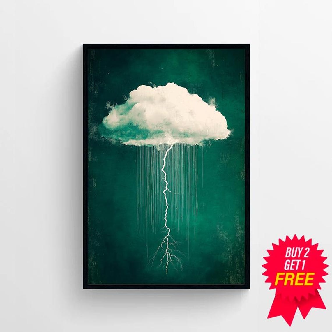 Emerald Green Lightning Cloud With Thunderbolt Minimalist Poster - Image 4