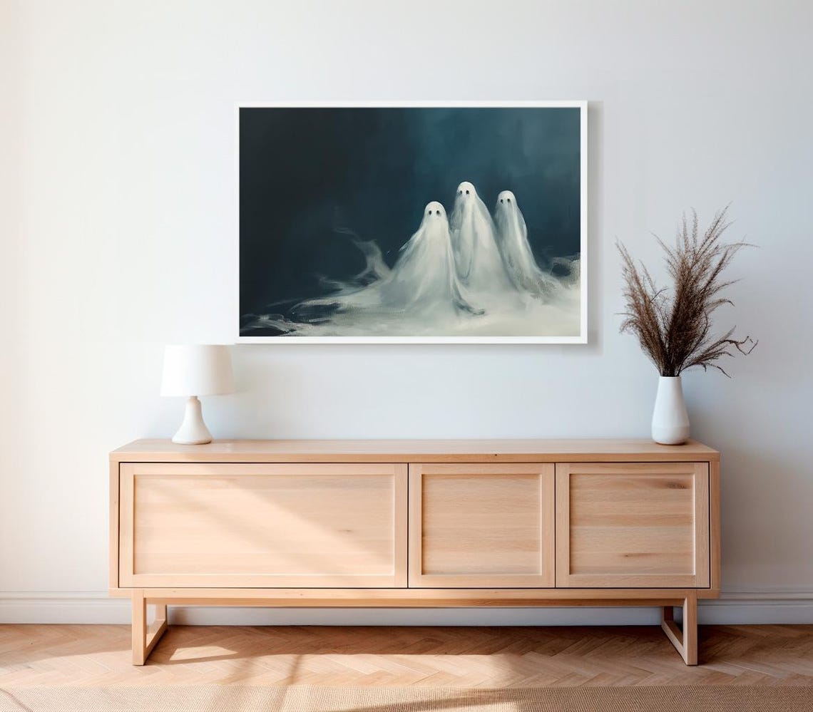 Three Cute Ghosts Emerging from Mist on a Dark Night Halloween Poster - Image 2