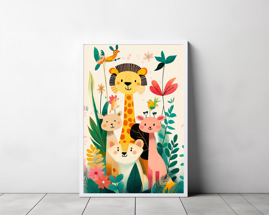 Happy Safari Animals Lion Giraffe Blooms Kids Nursery Decor Poster - Image 3