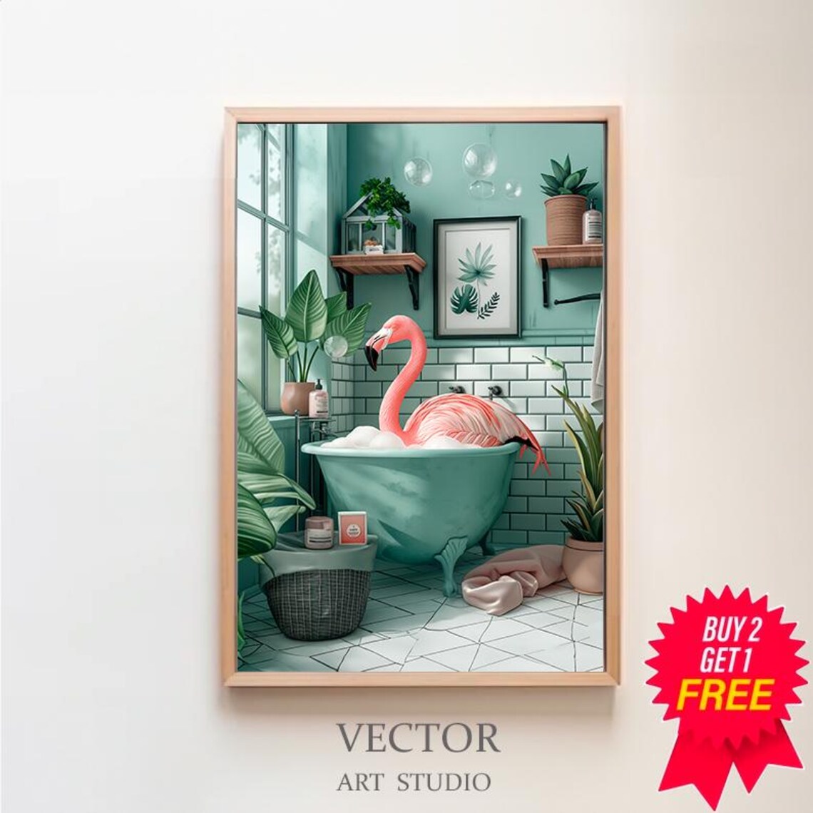 Flamingo Bathroom Botanical Art Print, Tropical Boho