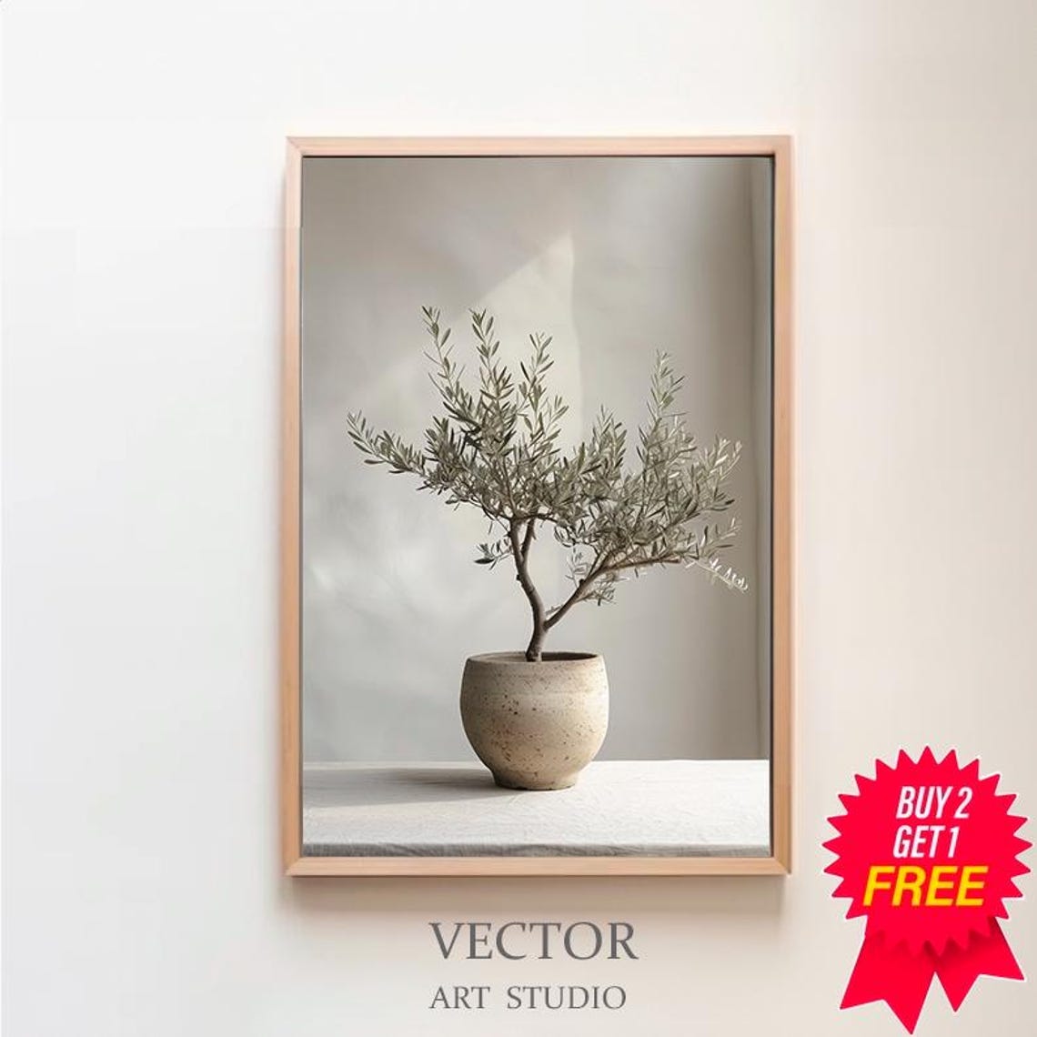 Bushy Olive Tree in a Speckled Pot Sunlit Minimal Still Life Poster