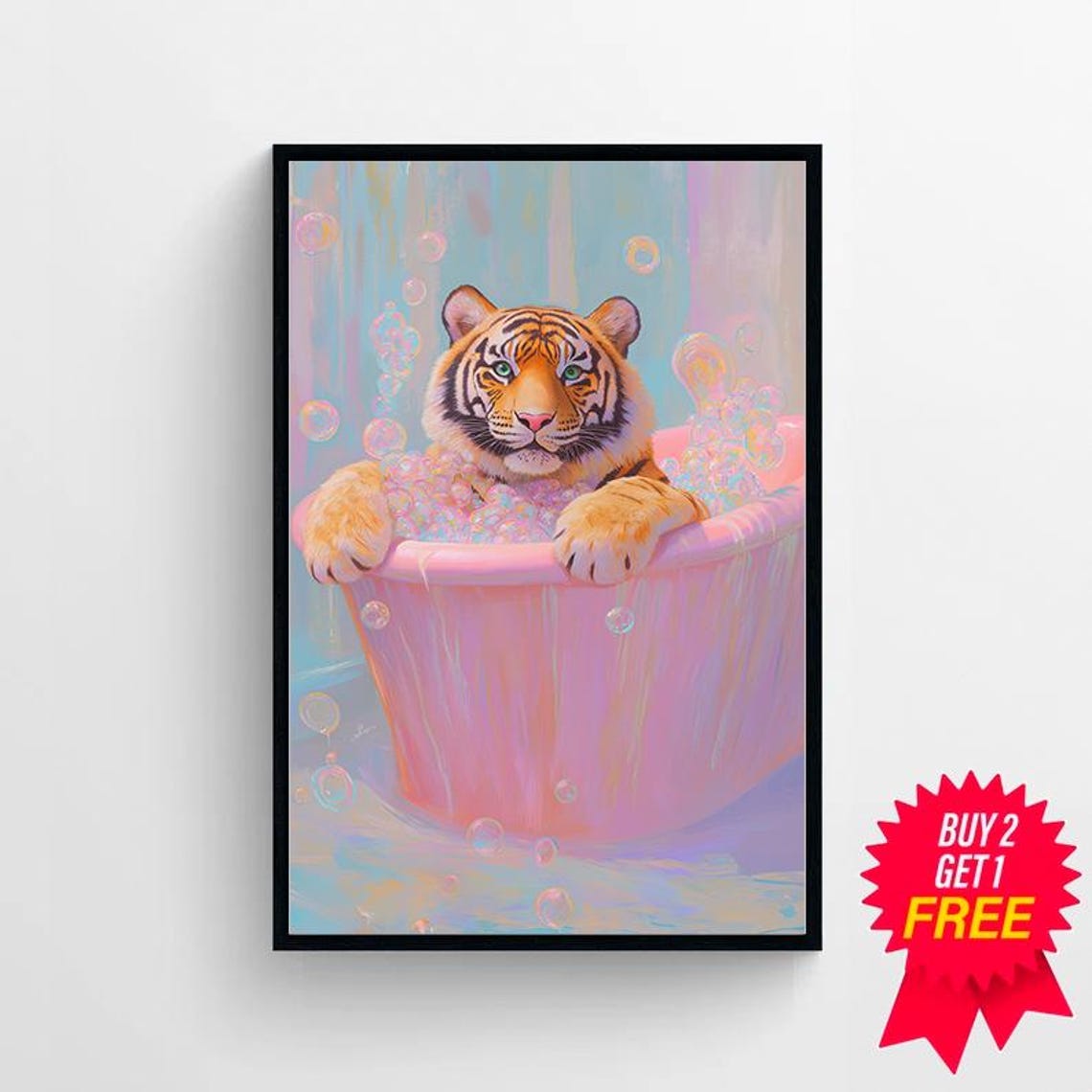 Tiger Cub Splashing in a Pastel Bubble Bath Whimsical Nursery Poster - Image 4