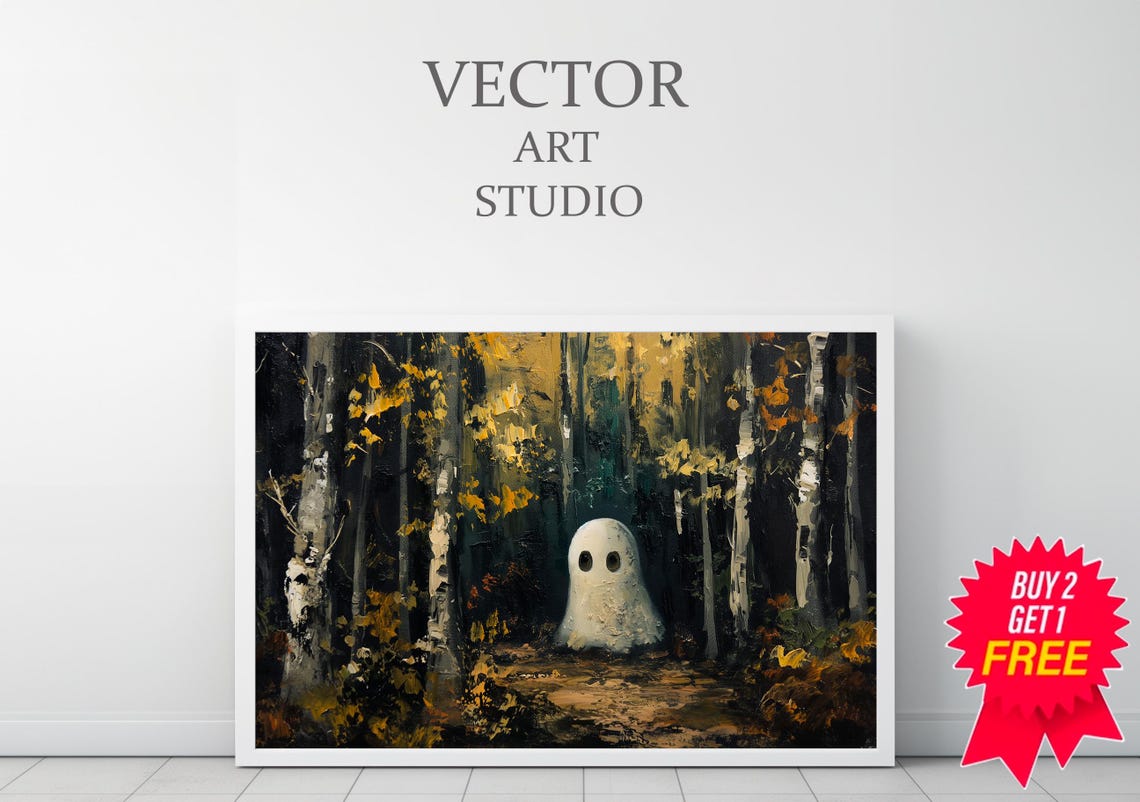 Small Ghost In Golden Autumn Birch Forest Thick Impasto Style Poster - Image 3