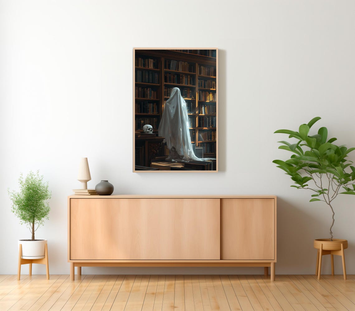 Ghost Browsing Dark Library Bookshelves With Skull Dark Art Poster - Image 2