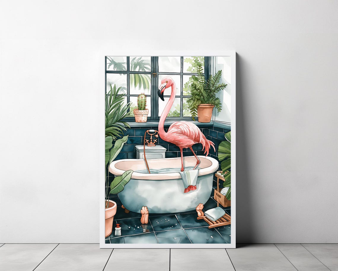 Pink Flamingo Standing in Bathtub Tropical Bathroom Watercolor Poster - Image 3
