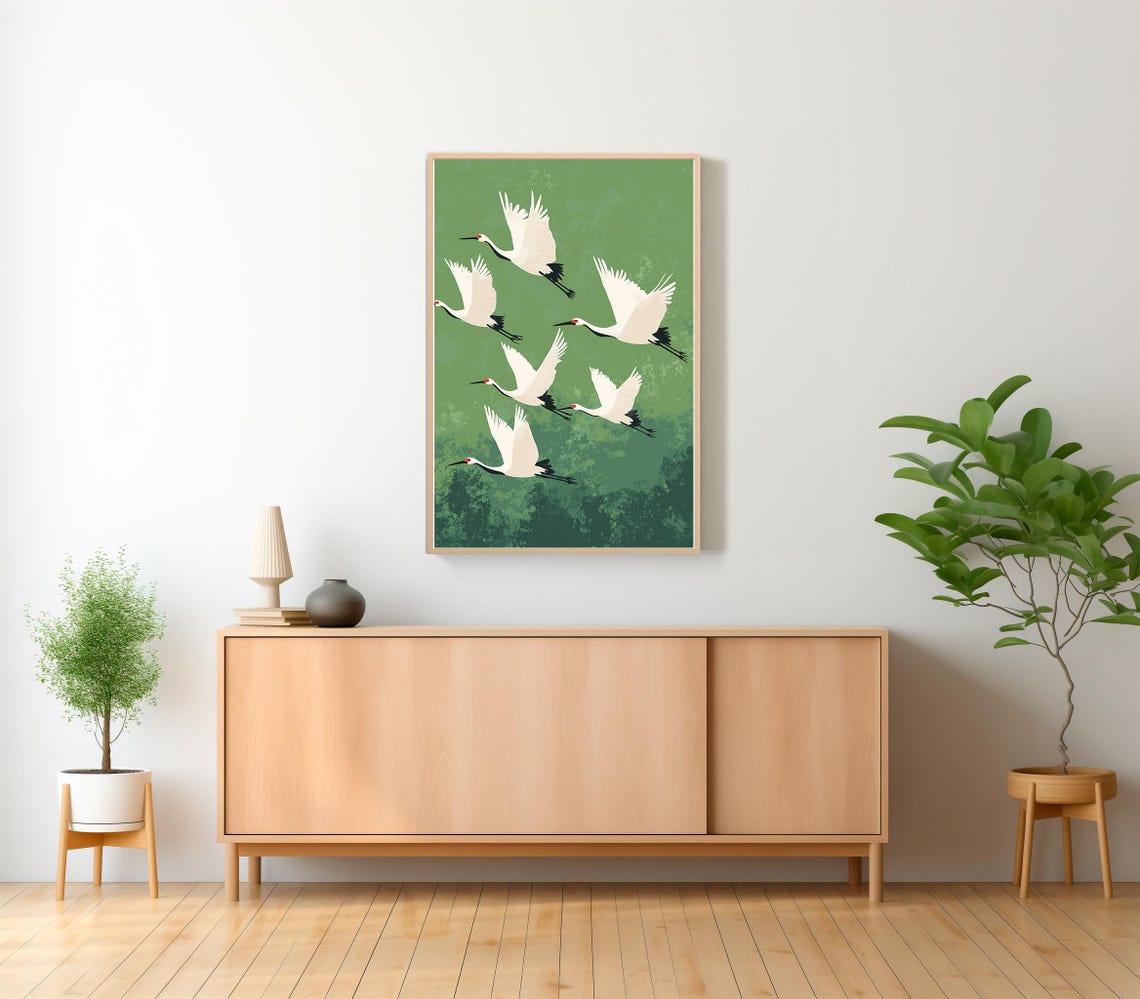 Six White Japanese Cranes Flying on Green Japandi Bird Art Poster - Image 2