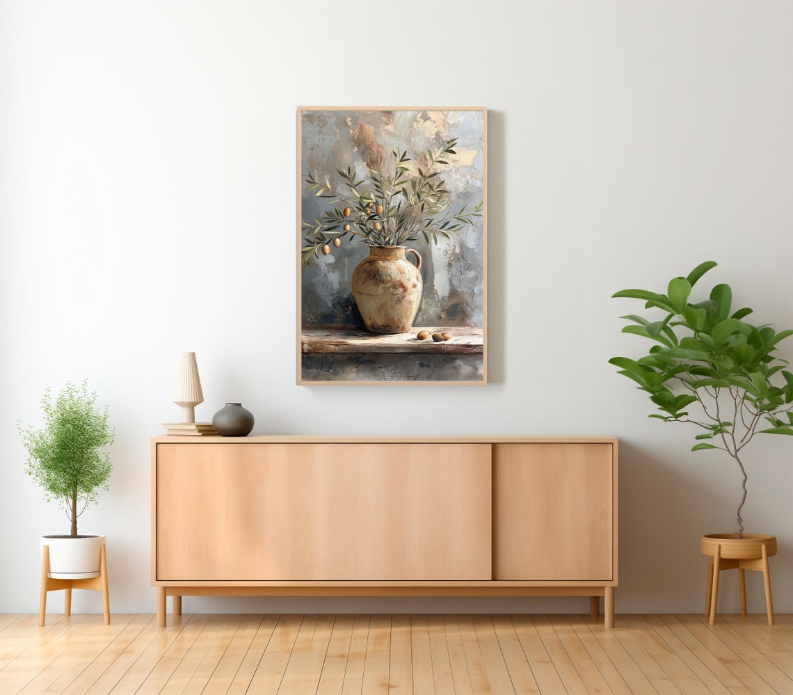 Olive Branches in Rustic Ceramic Pitcher Soft Neutral Still Life Print - Image 2