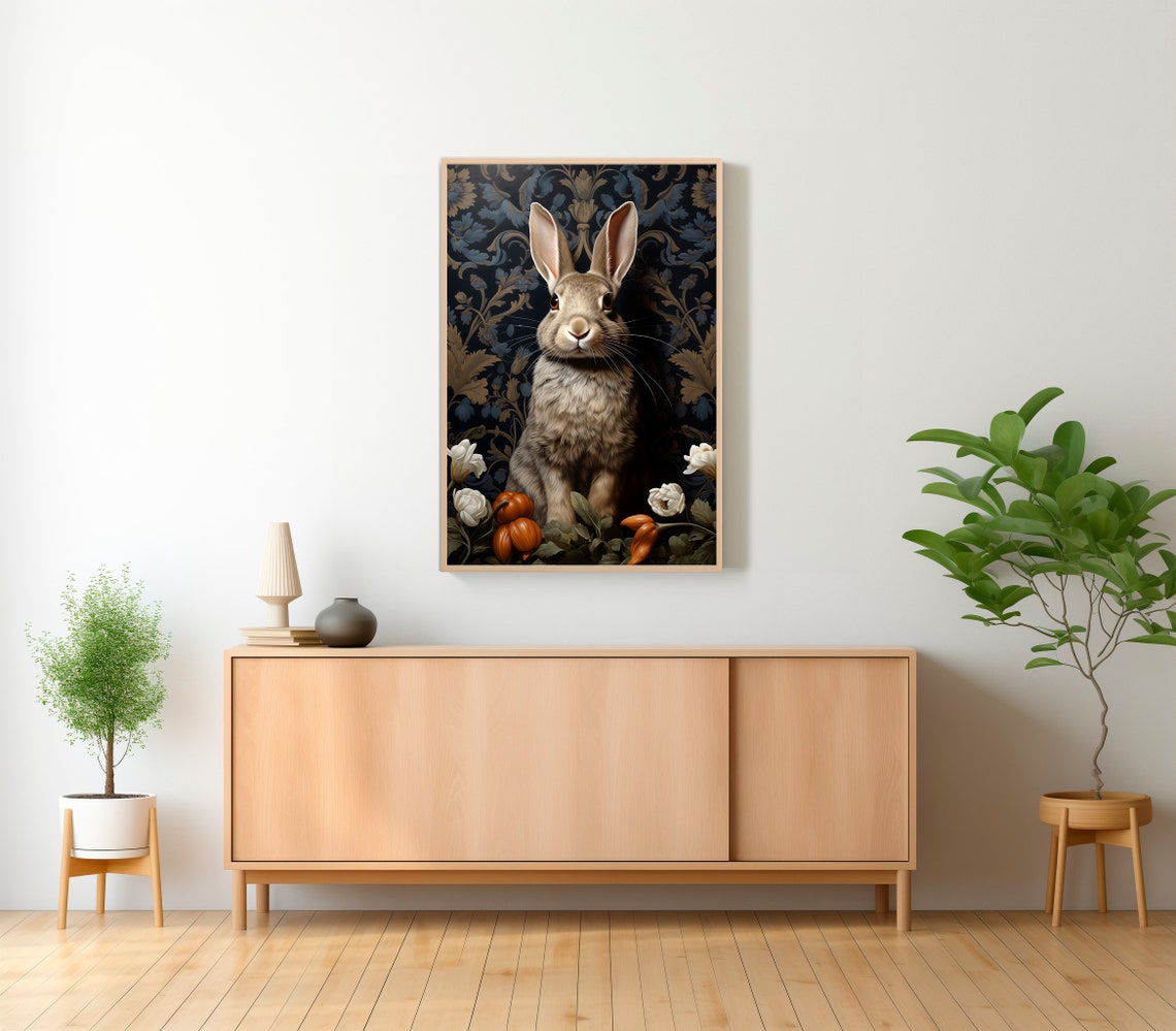 White Rabbit Botanical Night Garden Gold Damask Pattern Art Poster - Image 2