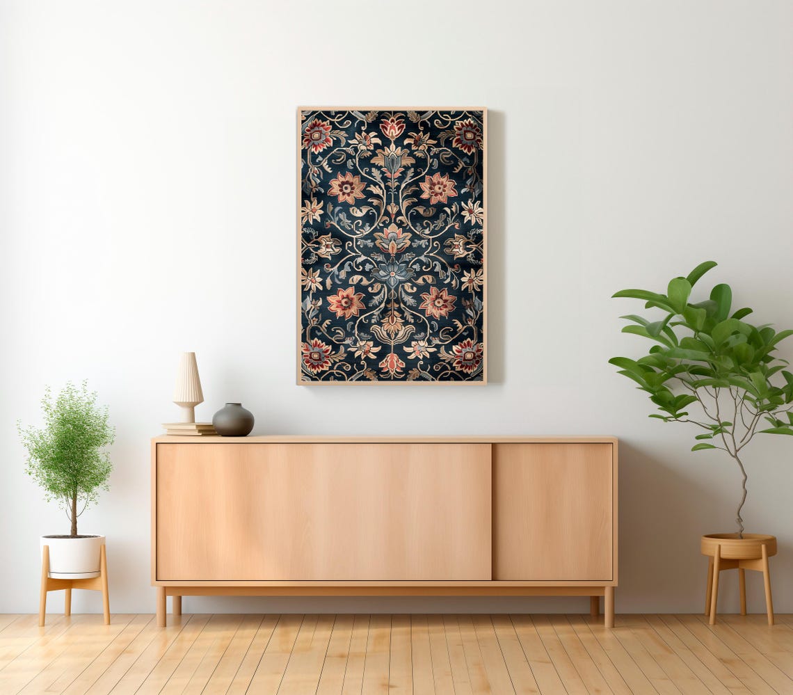 Vintage Navy Tapestry Floral Damask Pattern Textile Style Poster - Image 2
