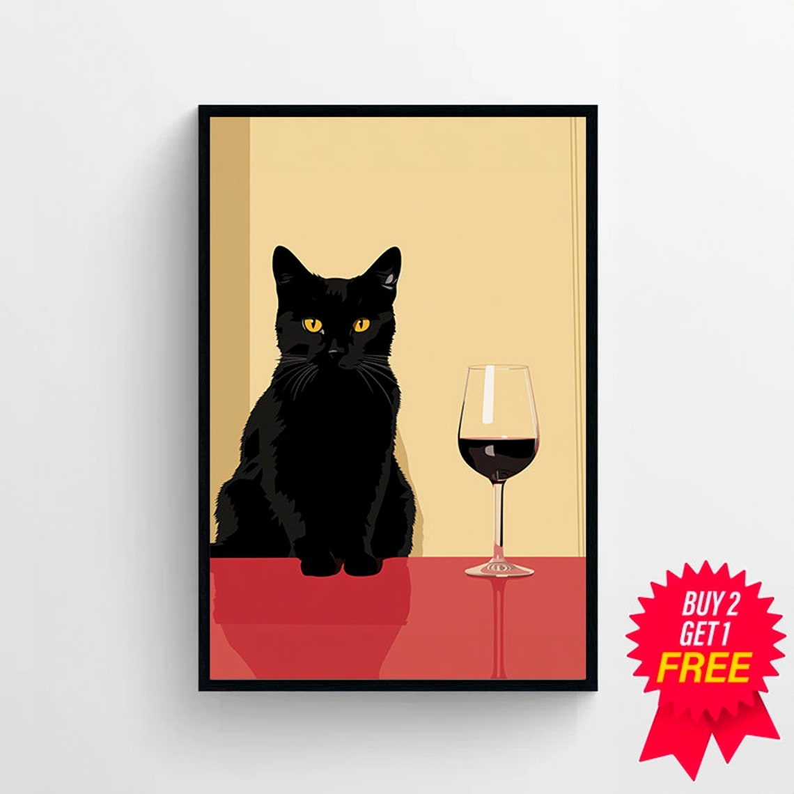 Black Cat Sitting Calmly Beside a Tall Glass of Red Wine Poster - Image 4