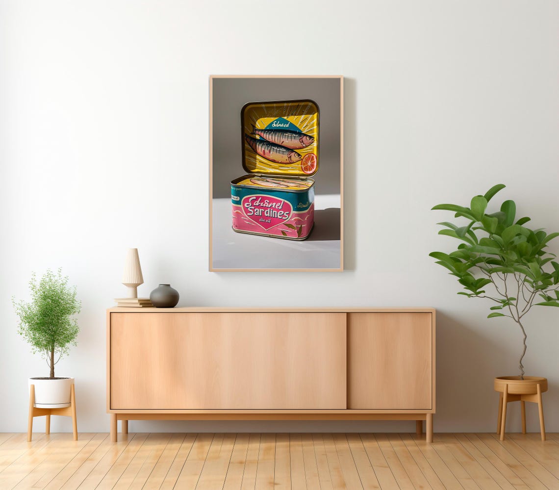 Open Sardine Tin with Retro Colorful Label Quirky Kitchen Art Poster - Image 2