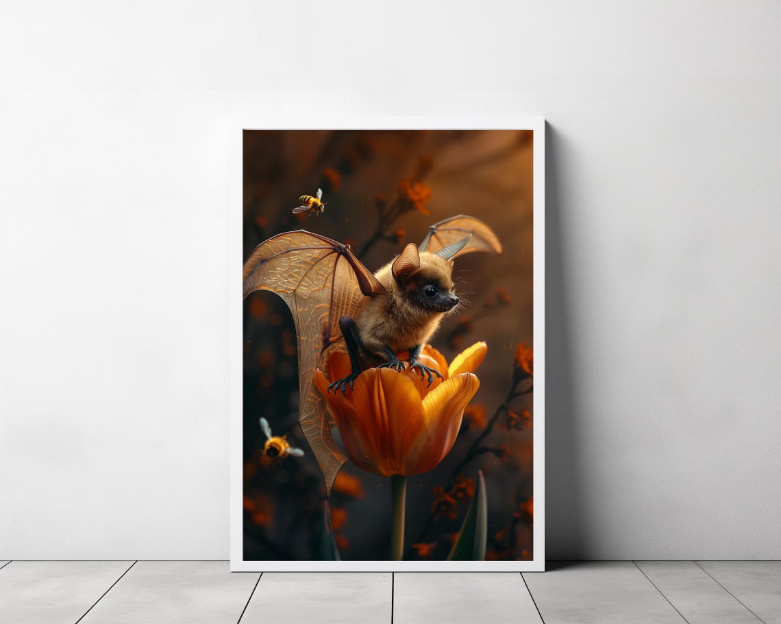 Baby Bat on Orange Tulip with Bees Whimsical Fantasy Art Poster - Image 3