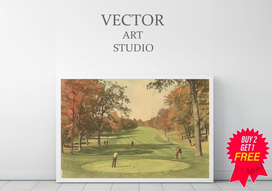 Vintage Golfers Putting on the Autumn Green Landscape Poster - Image 3