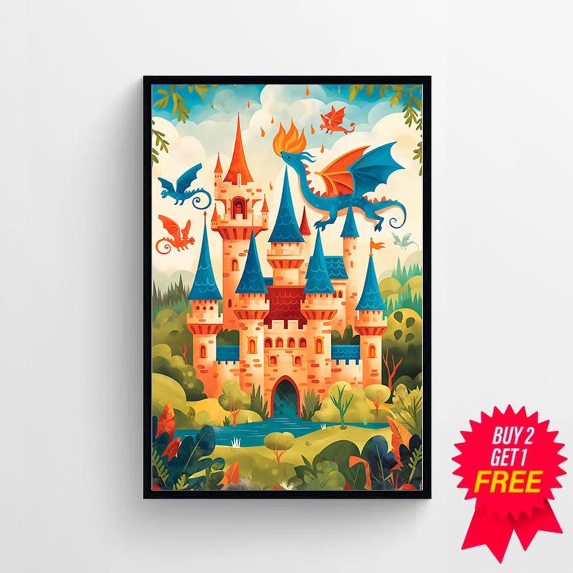 Whimsical Fairytale Castle with Dragons Fantasy Kids Nursery Poster - Image 4