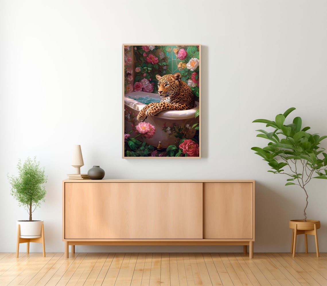 Leopard Relaxing in a Floral Bathtub Maximalist Bathroom Art Poster - Image 2