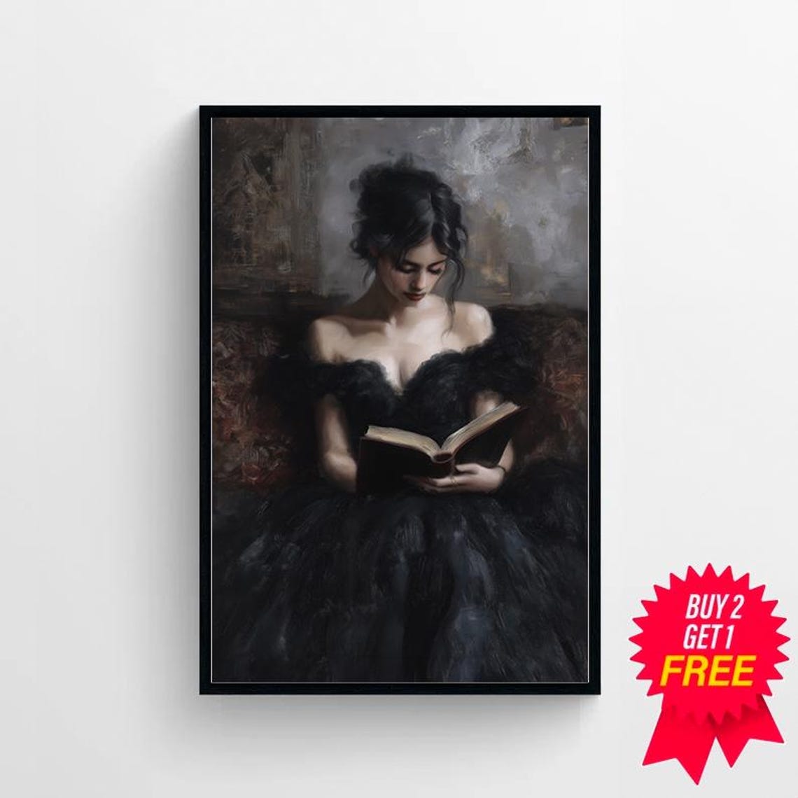 Victorian Lady Reading in a Black Gown Dark Academia Portrait Poster - Image 4