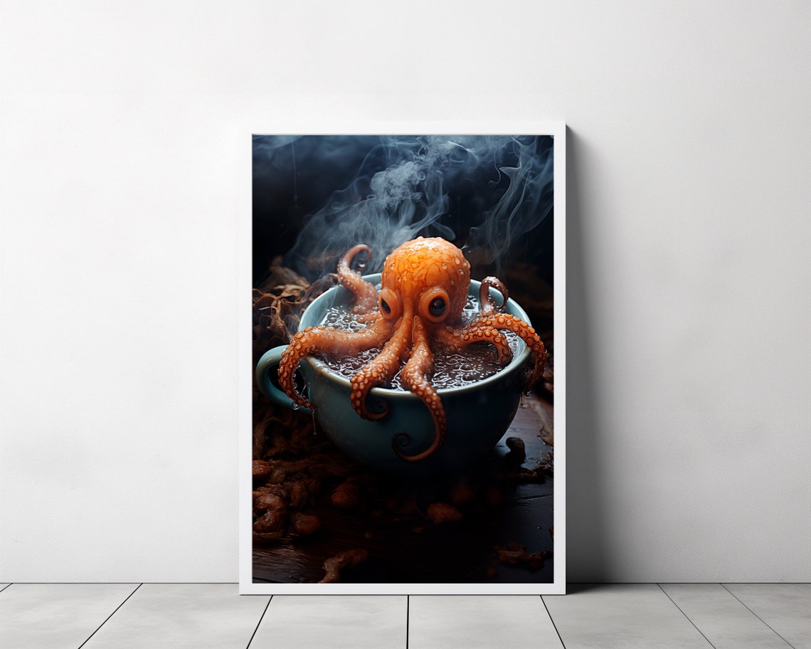 Octopus In A Tea Cup Oil Painting Octopus Decor Gothic Kitchen Decor Dark Humor Moody Kitchen Wall Art Whimsy Animal Art - Image 3