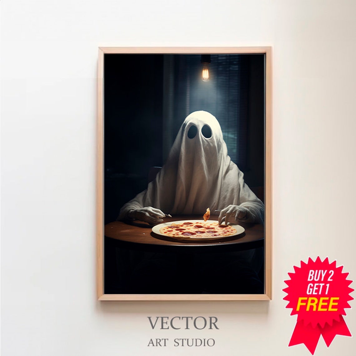 Ghost Eating Pepperoni Pizza Under Hanging Light Spooky Poster