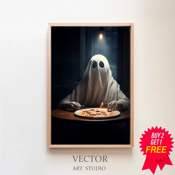 Ghost Eating Pepperoni Pizza Under Hanging Light Spooky Poster