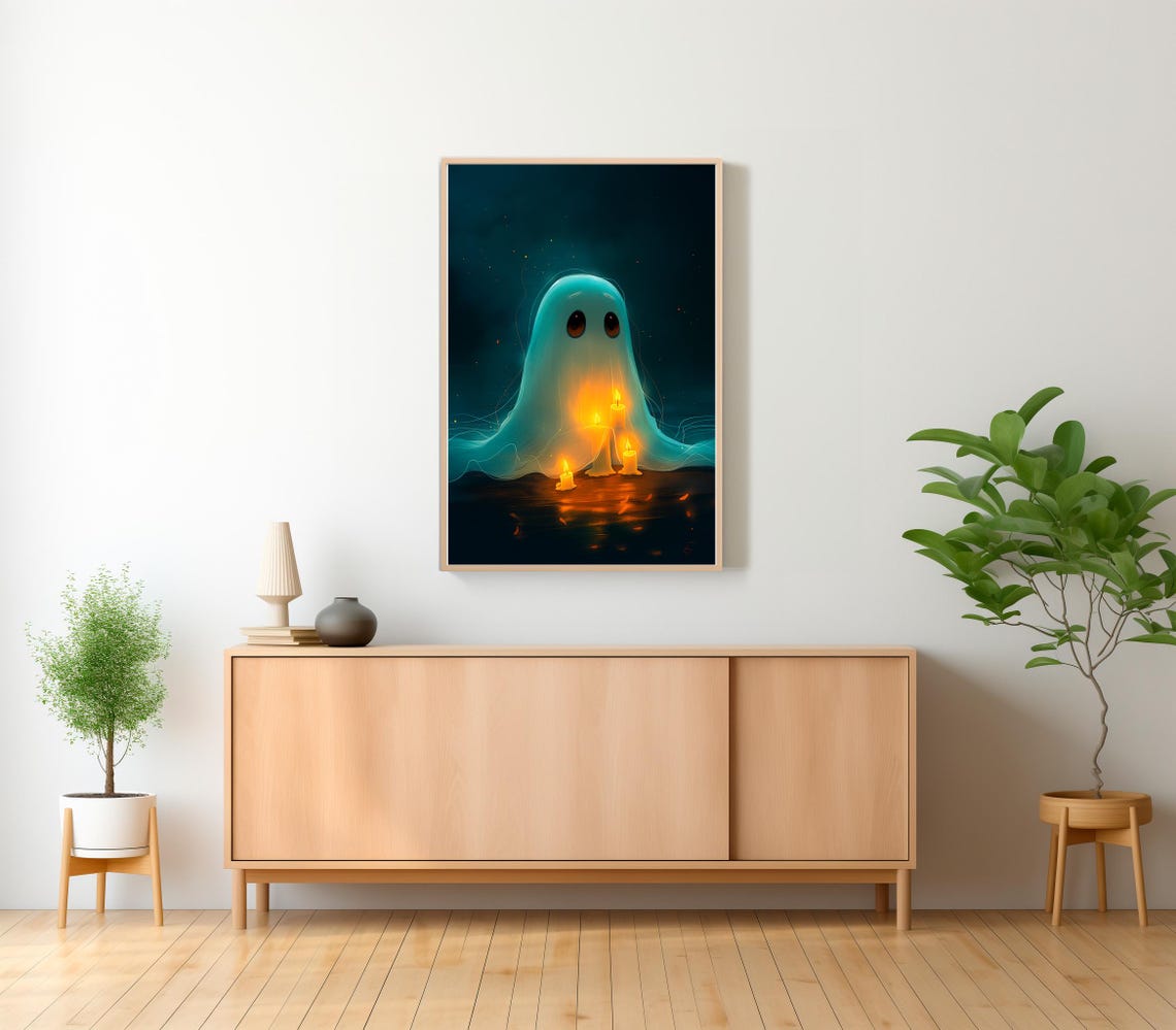 Cute Little Ghost Holding Glowing Candles on a Dark Night Poster - Image 2