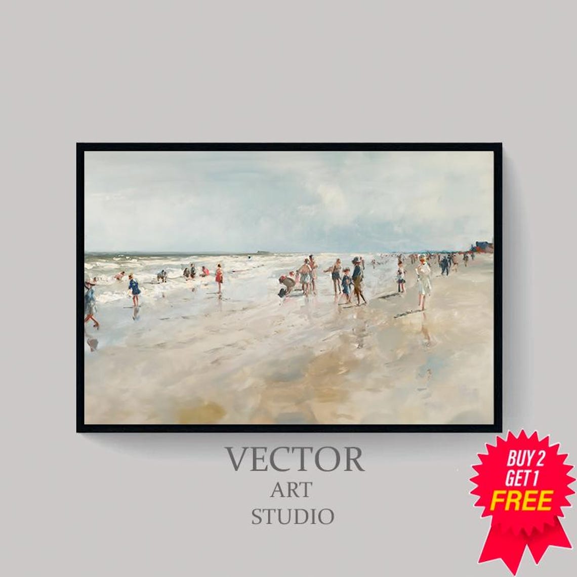 Vintage Beach Bathers Wading In Soft Surf Impressionist Scene Poster - Image 4