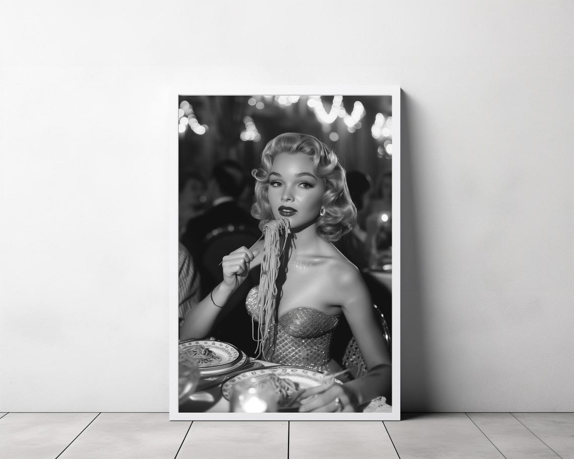 Glamorous 1950s Woman Eating Spaghetti at a Restaurant Photo Poster - Image 3