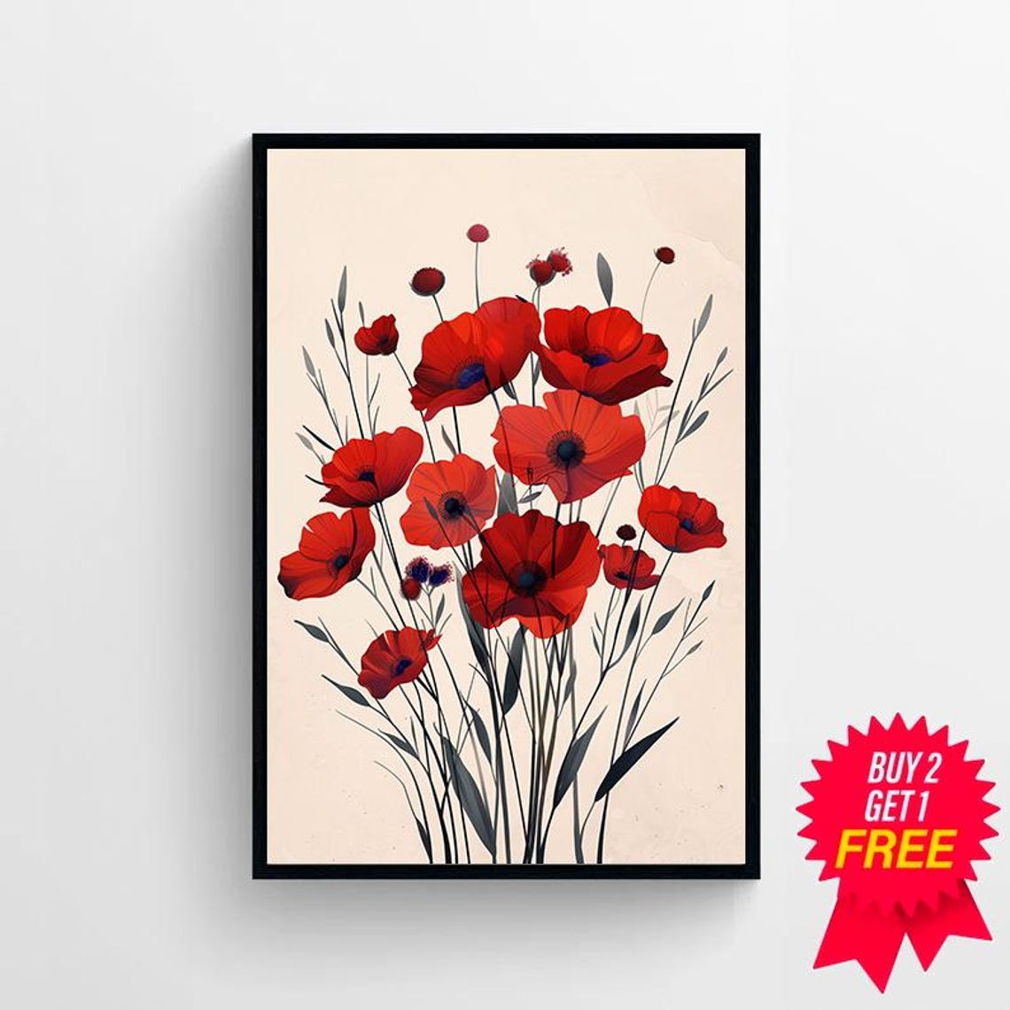 Wild Red Poppies Meadow Bouquet on a Soft Cream Floral Art Poster - Image 4