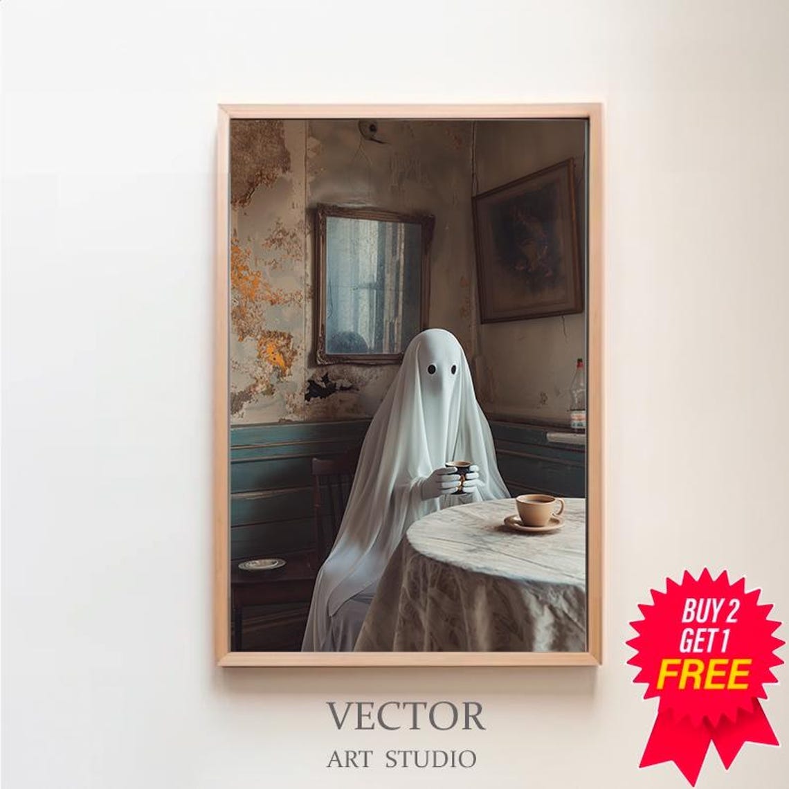 Lonely Sheet Ghost Drinking Coffee in Old Cafe Dark Academia Poster