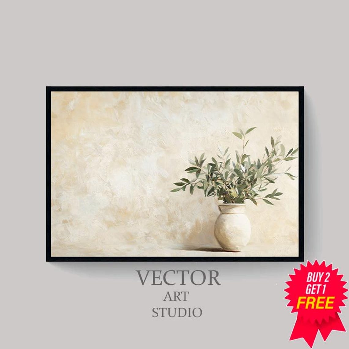 Neutral Cream Vase With Olive Sprigs On Textured Beige Wall Poster - Image 4
