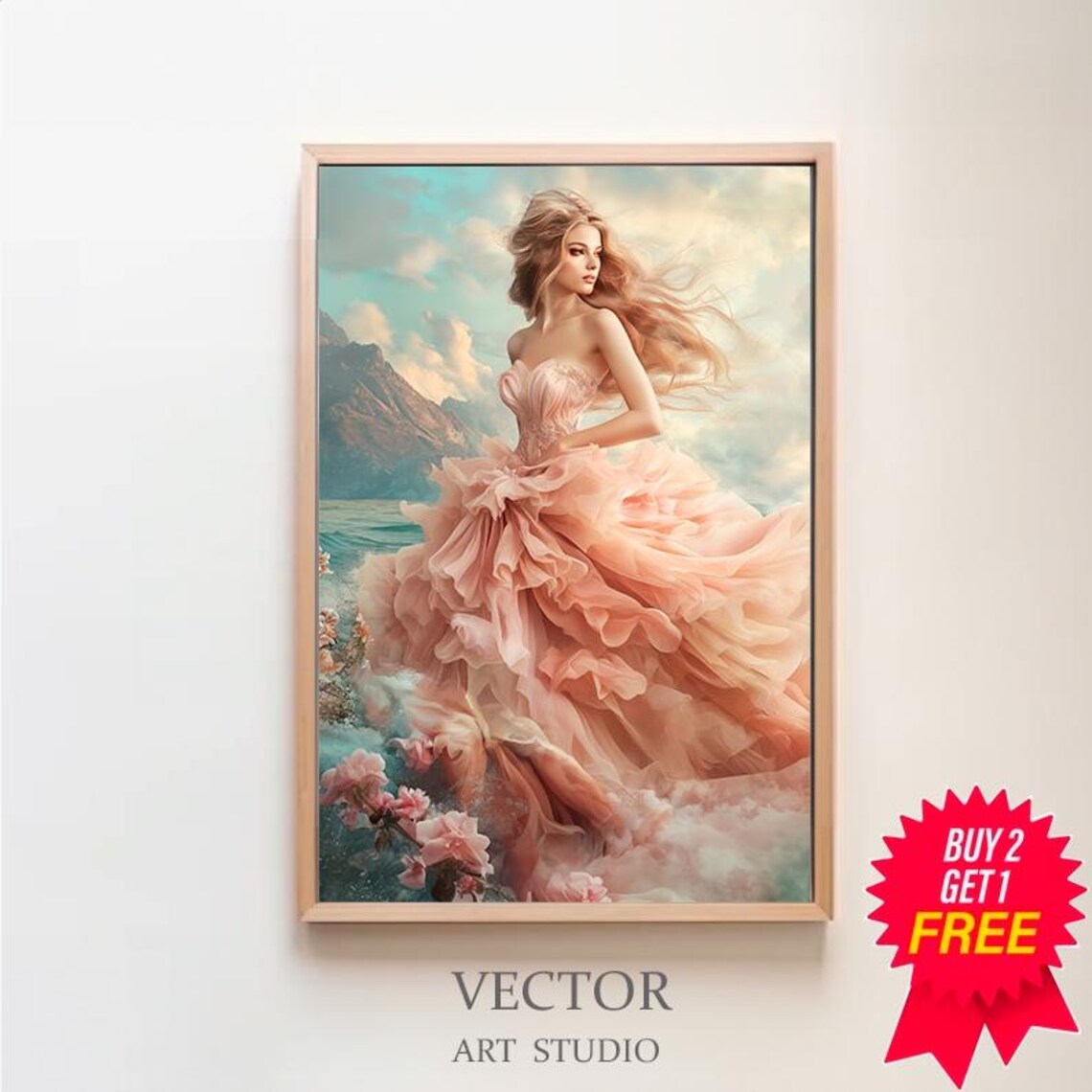 Beautiful Aphrodite Greek Goddess in Pink Gown by the Sea Art Poster