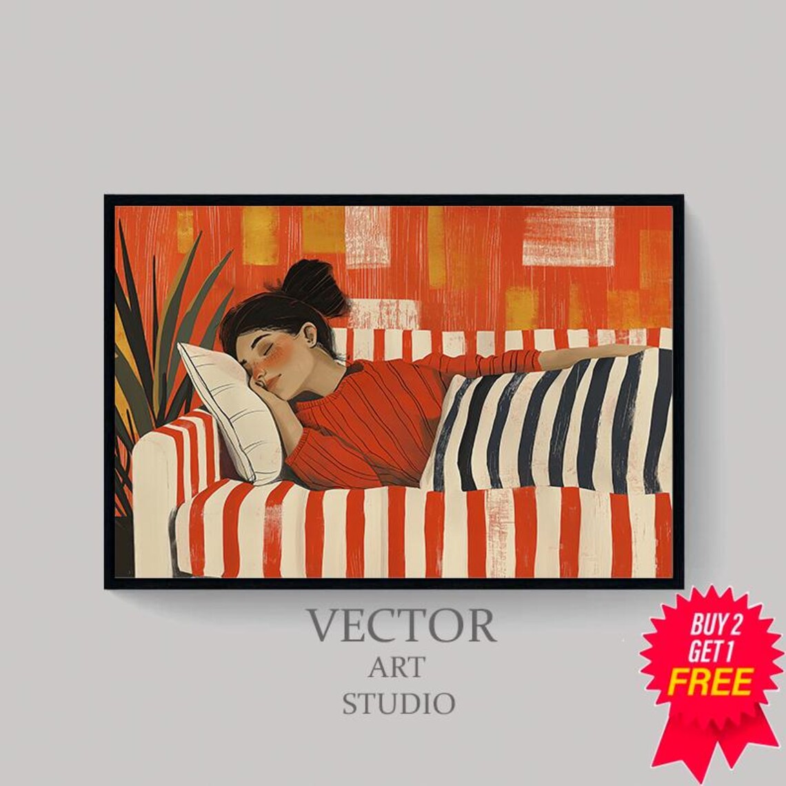 Modern Abstract Wall Art Woman On Red Orange Striped Couch Unique Line Drawing Large Print For Vibrant Home Decor - Image 4