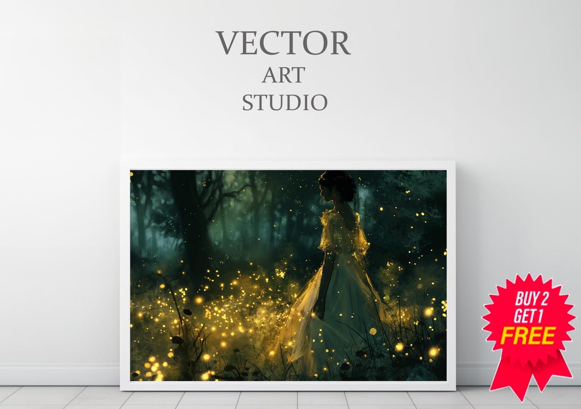Woman in Golden Dress Standing in Firefly Forest Night Poster - Image 3