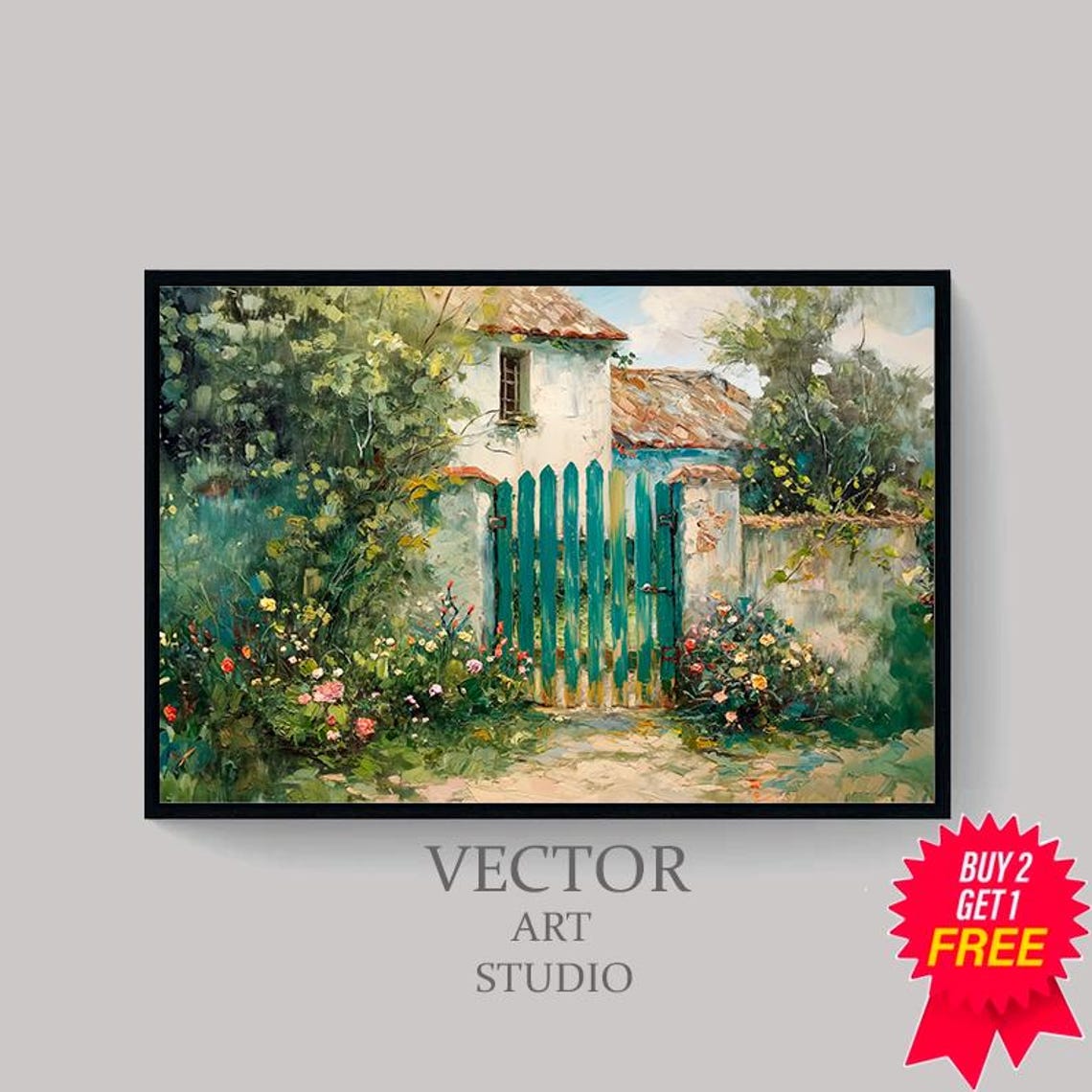 Country Cottage Garden Behind Tall Teal Gate Rustic Summer Art Poster - Image 4