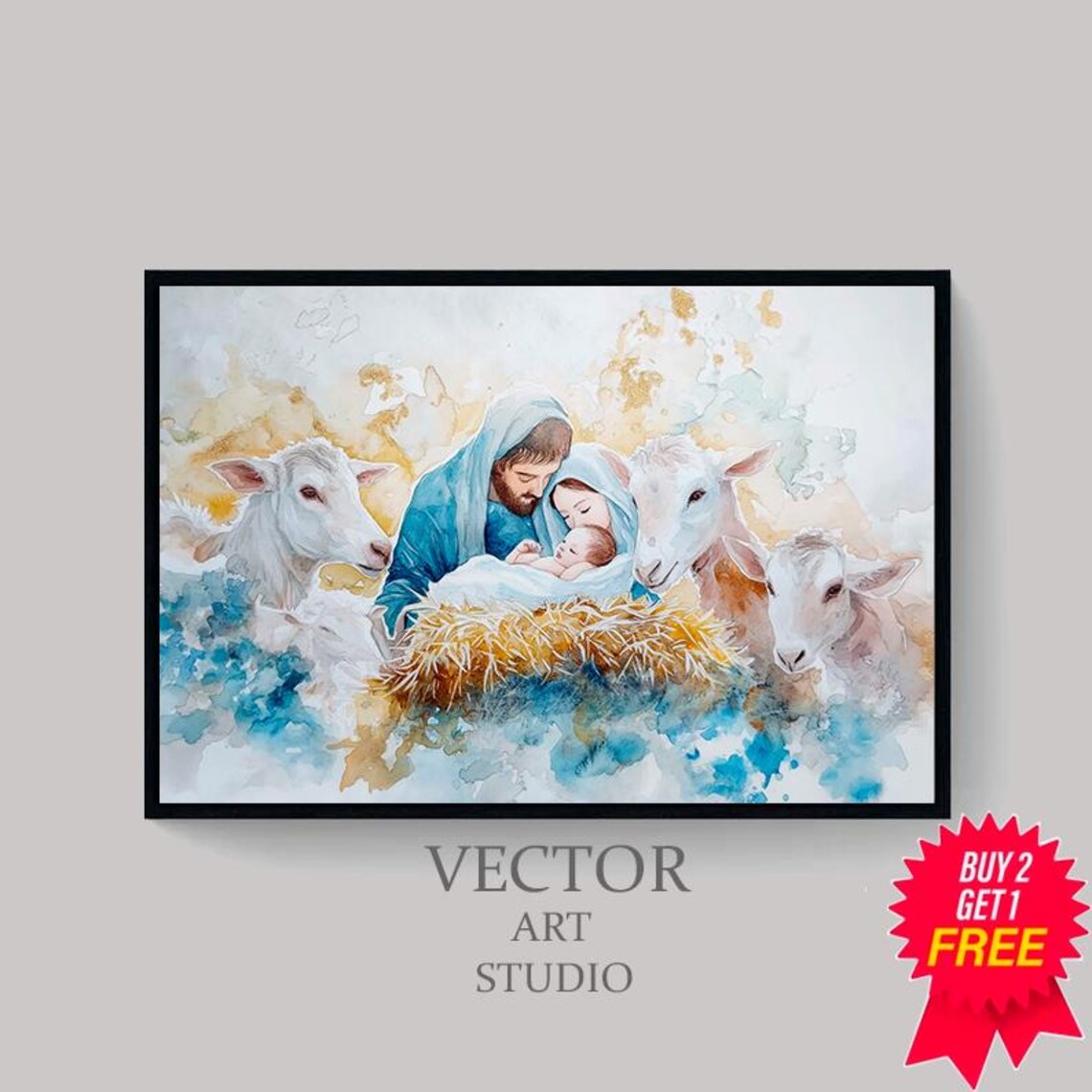 Soft Pastel Watercolor Nativity Scene With Animals Christmas Art Print - Image 4