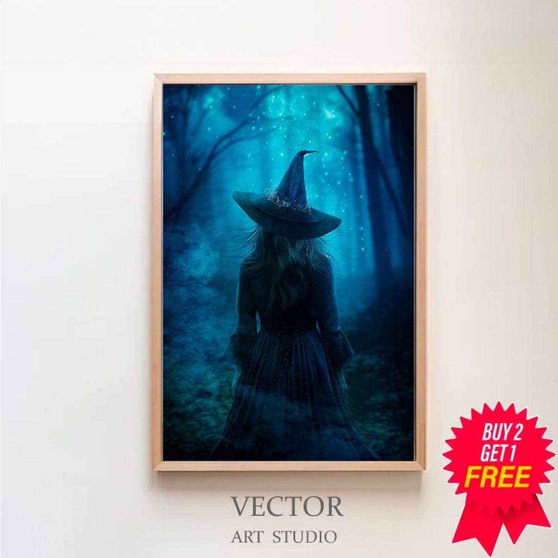 A Witch Walking Into A Glowing Blue Misty Forest Night Poster
