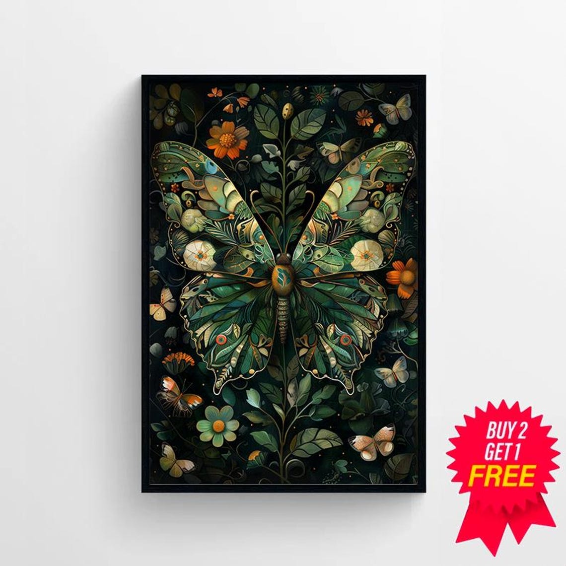Botanical Moth with Leaf Wings Dark Floral Art Nouveau Poster - Image 4