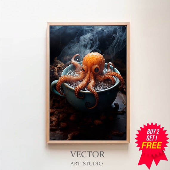 Octopus In A Tea Cup Oil Painting Octopus Decor Gothic Kitchen Decor Dark Humor Moody Kitchen Wall Art Whimsy Animal Art