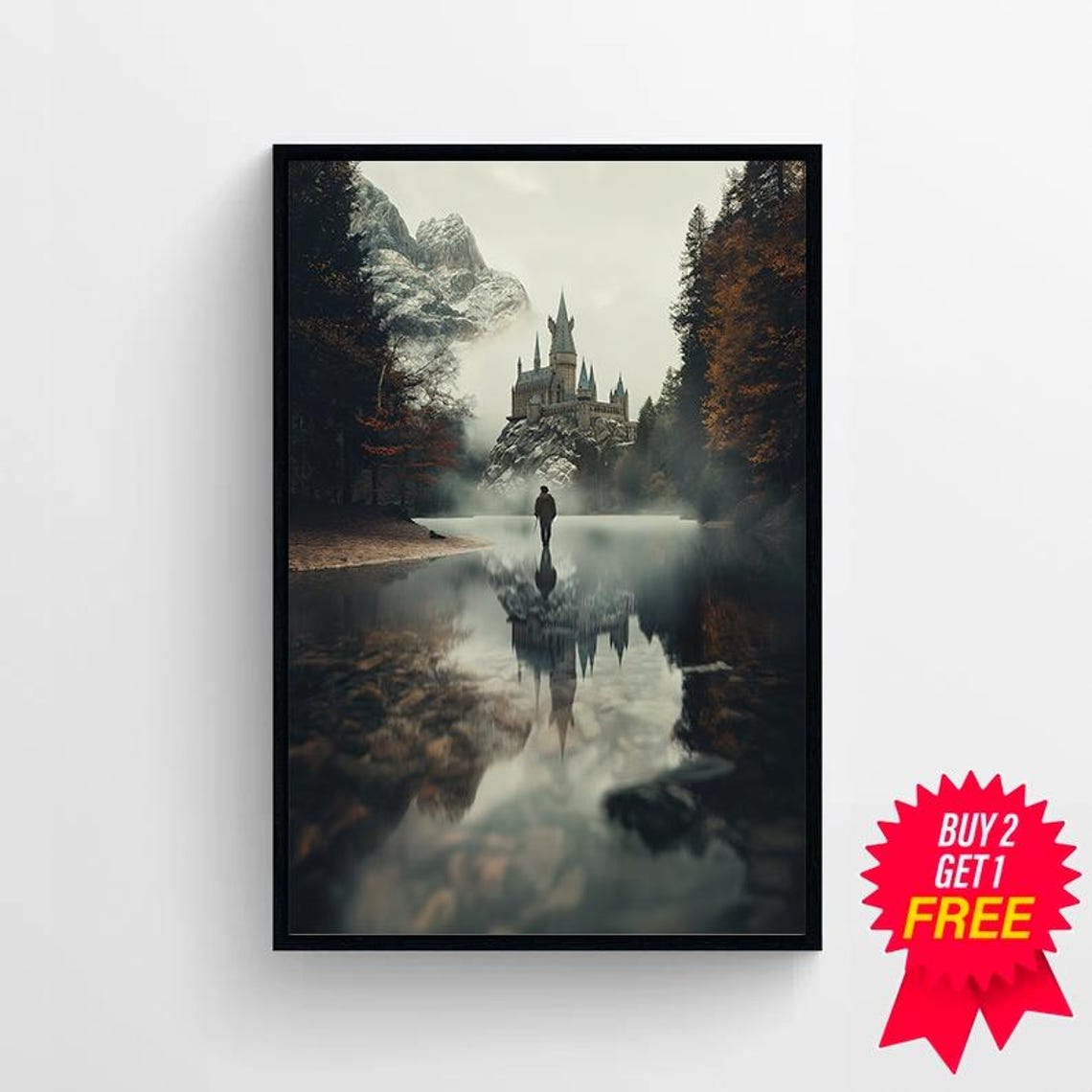 Wizard Castle in Misty Mountain Valley River Reflection Art Print - Image 4