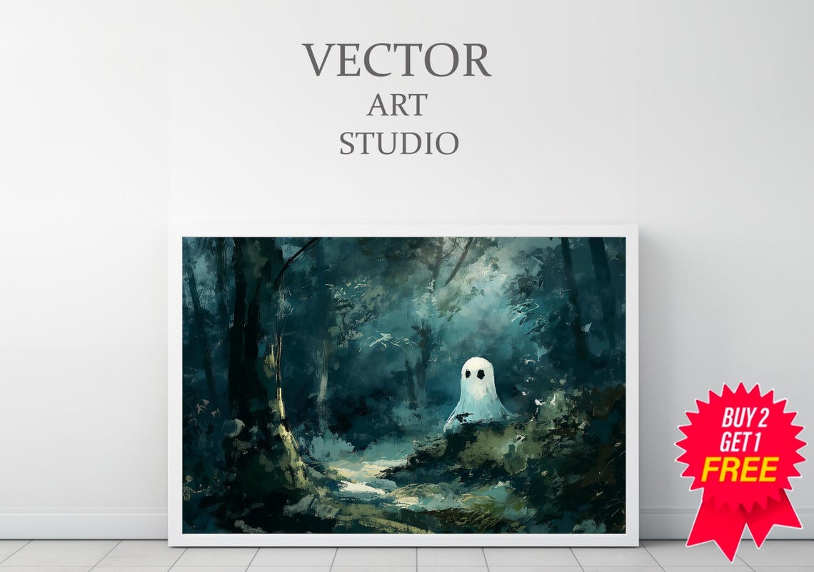 Small White Ghost Standing In A Dark Misty Forest Painting Poster - Image 3