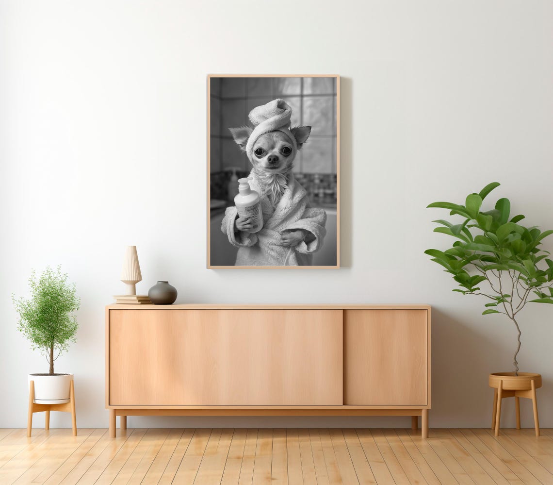 Chihuahua Spa Day in Bathrobe and Towel Turban Funny Bathroom Poster - Image 2