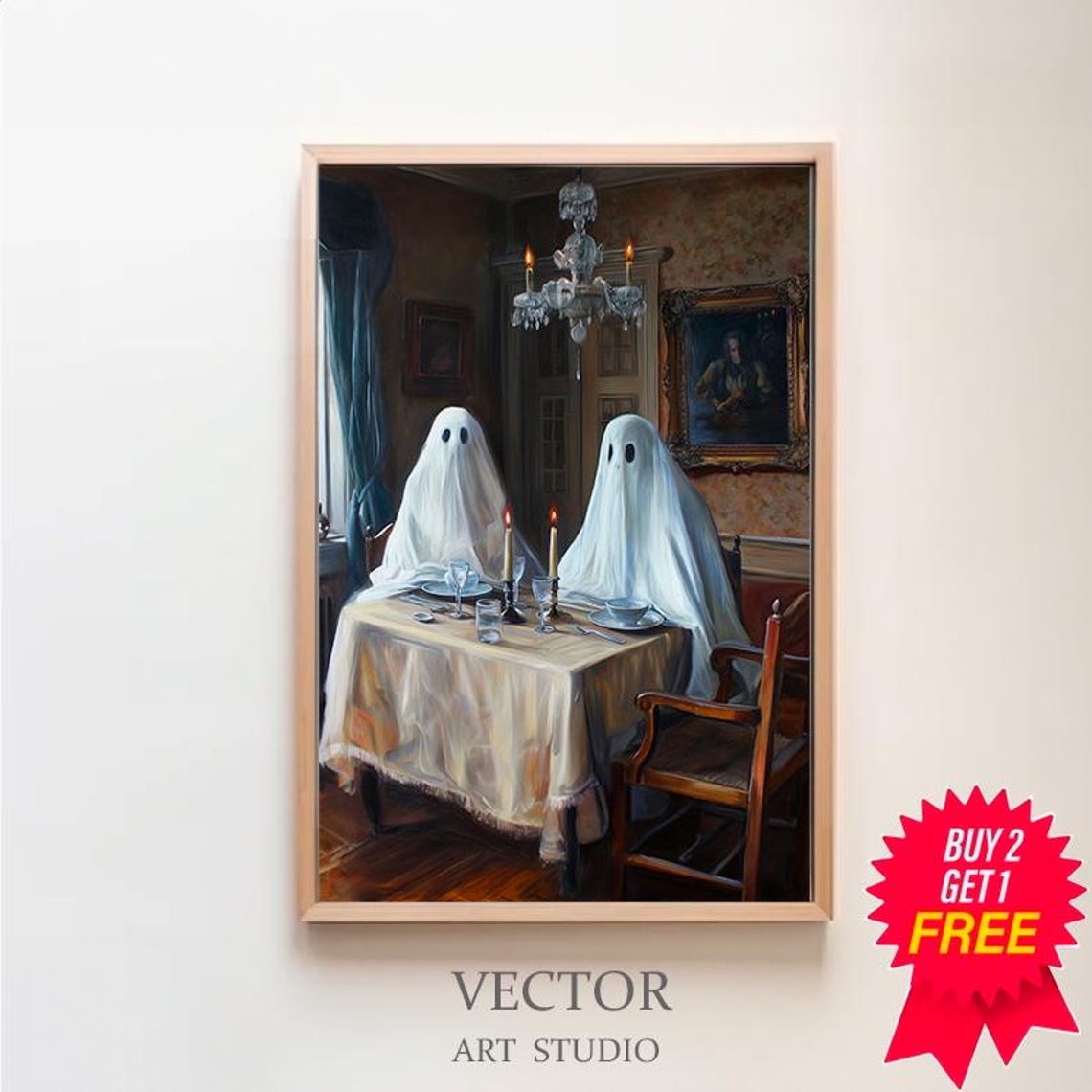 Two Sheet Ghosts Sharing a Candlelit Dinner Vintage Halloween Poster