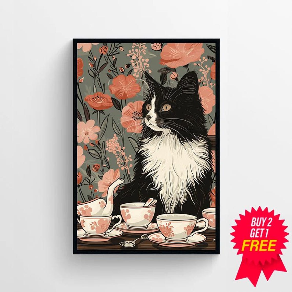 Tuxedo Cat Tea Party with Teapot Cups and Floral Background Poster - Image 4