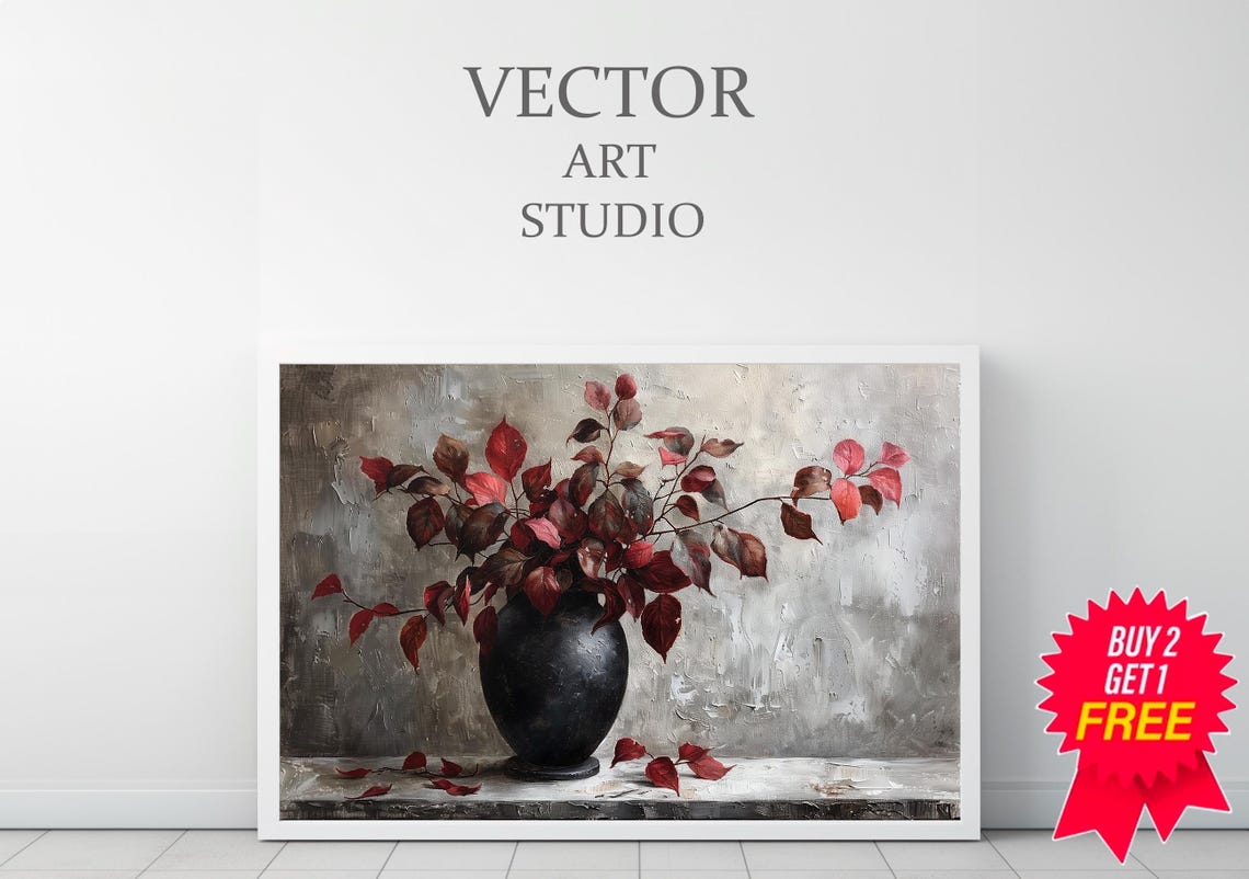 Burgundy Branches Painting Art Moody Floral Art Vintage Fall Artwork - Image 3