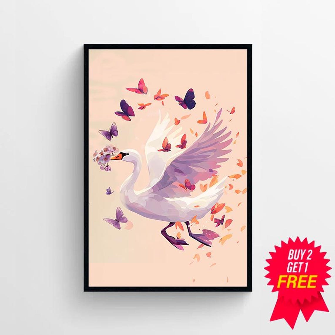 White Swan with Butterflies Flying Through Floral Whimsical Poster - Image 4