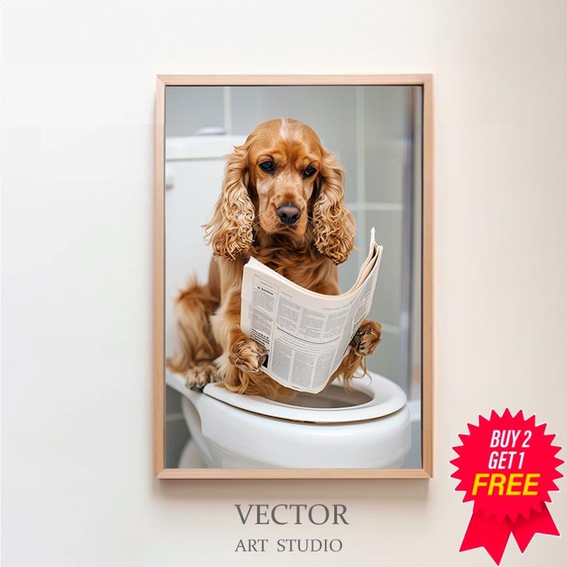 Cocker Spaniel Reading Newspaper on Toilet Funny Dog Bathroom Poster