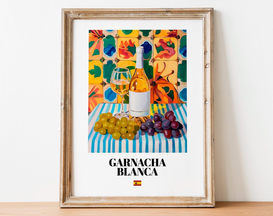 Garnacha Blanca Spanish Wine Bottle Grapes and Tile Art Poster