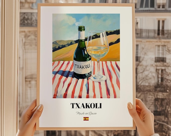 Spanish Txakoli White Wine Bottle Glass Vineyard Hills Art Poster