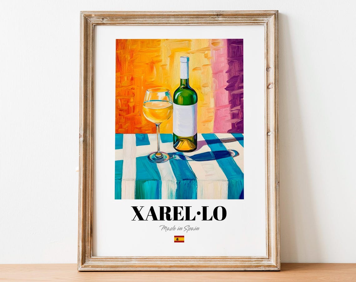 Xarel-lo Spanish White Wine Still Life on Striped Tablecloth Poster